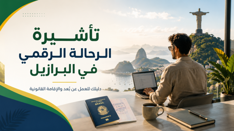 رحّالة رقمي يعمل عن بُعد أمام شاطئ برازيلي مع جواز سفر