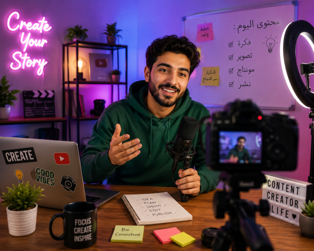 محترف يعمل عن بُعد في مجال صانع محتوى ضمن وظائف الرحالة الرقميين