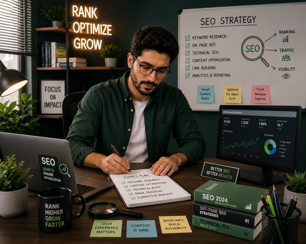 محترف يعمل عن بُعد في مجال أخصائي تحسين محركات البحث ضمن وظائف الرحالة الرقميين