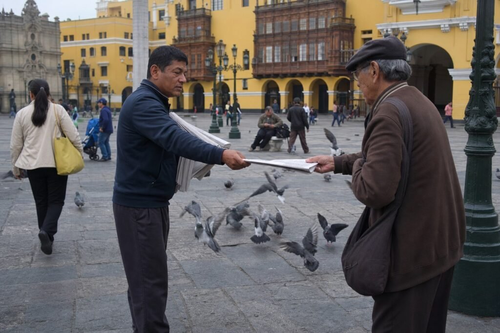 A newspaper vendor greeting an older man among pigeons in Lima's Plaza Mayor