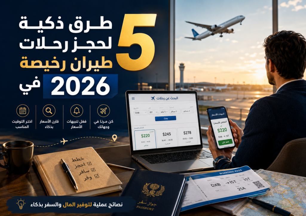 شخص يحجز رحلة طيران رخيصة عبر اللابتوب والهاتف داخل المطار مع عنوان 5 طرق ذكية لحجز رحلات طيران رخيصة في 2026