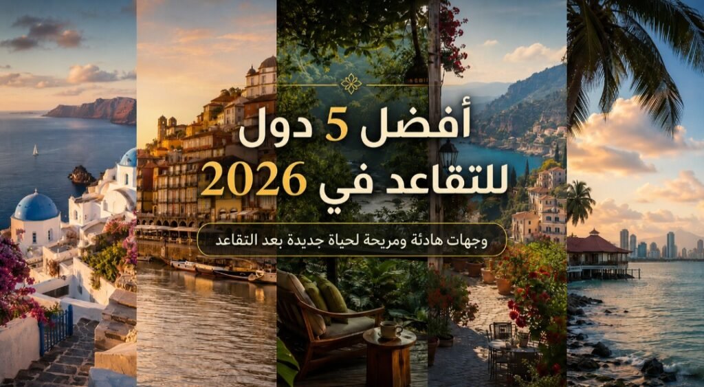تصميم بصري يضم عدة وجهات هادئة ومناسبة للتقاعد في 2026 مع مناظر بحرية وطبيعية وأجواء مريحة