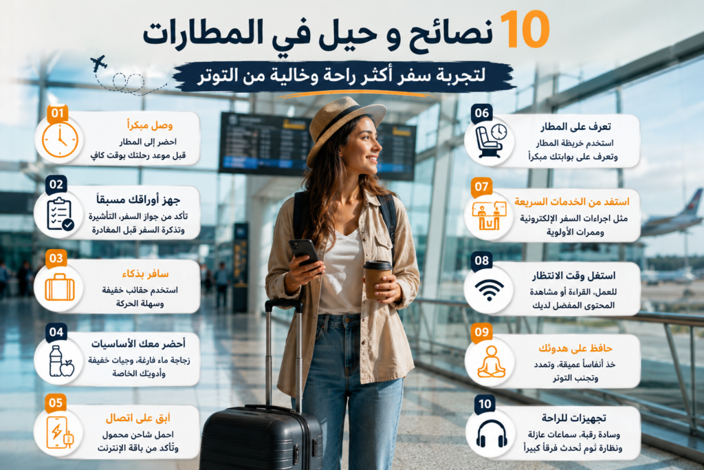 مسافرة في مطار حديث مع حقيبة سفر وهاتف وعناصر توضح نصائح لتجربة سفر مريحة وخالية من التوتر.