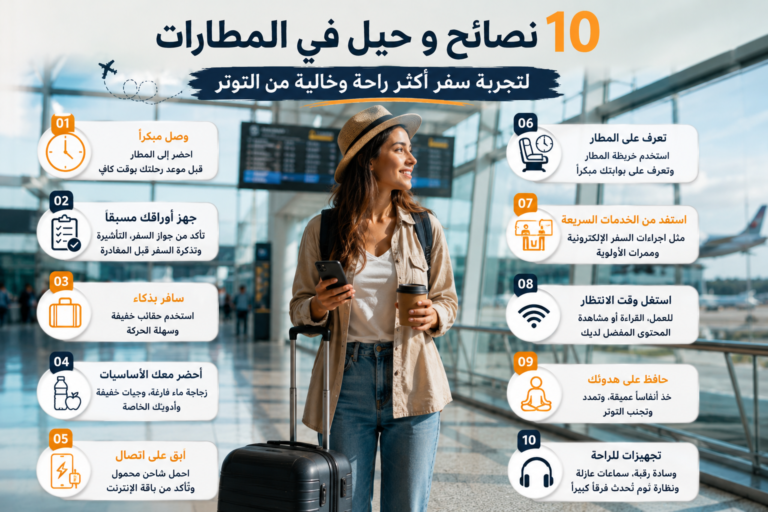 مسافرة في مطار حديث مع حقيبة سفر وهاتف وعناصر توضح نصائح لتجربة سفر مريحة وخالية من التوتر.