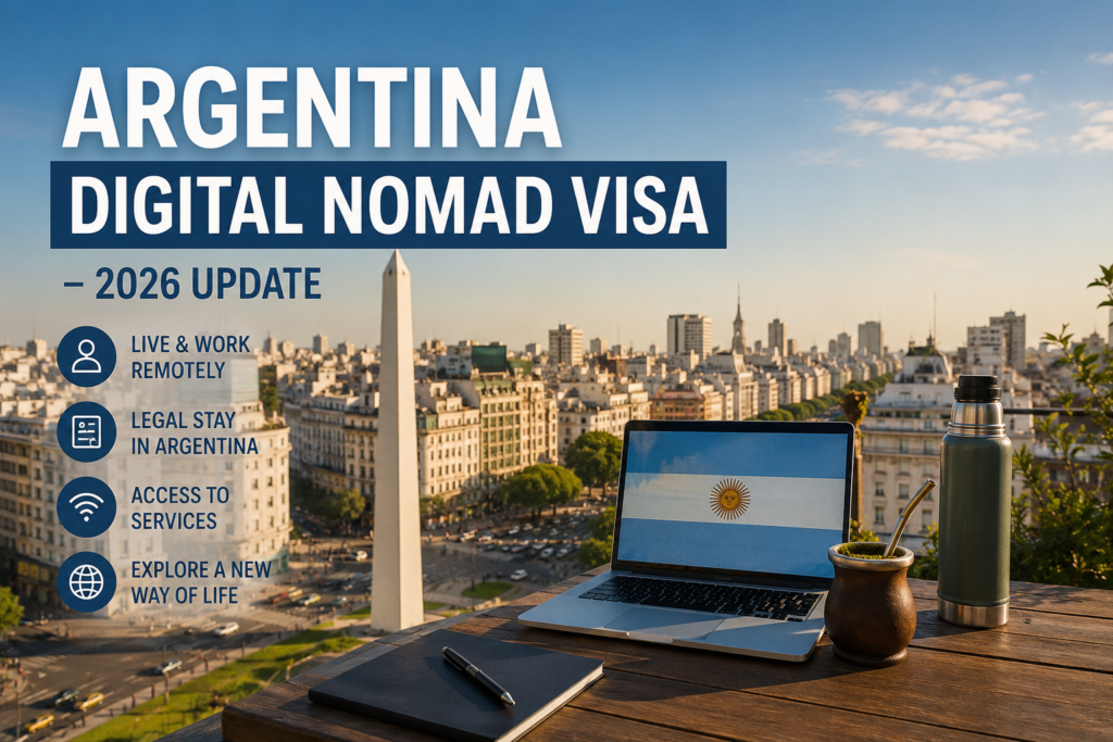تأشيرة الرحالة الرقميين في الأرجنتين 2026 مع مشهد مؤثر لشخص يعمل عن بُعد من بوينس آيرس وقت الغروب.