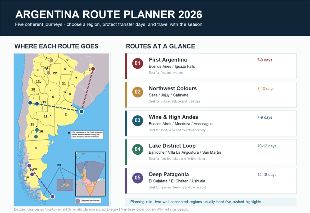 Argentina route planner showing five travel itineraries with destinations and recommended trip lengths