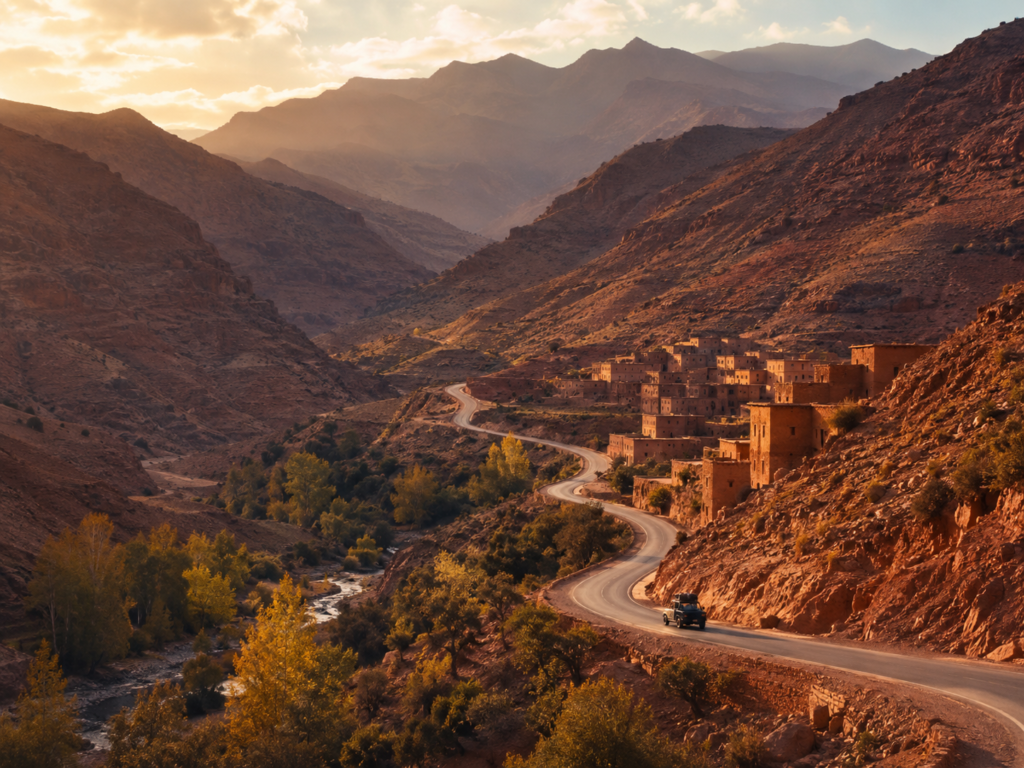 طريق جبلي في جبال الأطلس بالمغرب مع قرى صغيرة وألوان ترابية