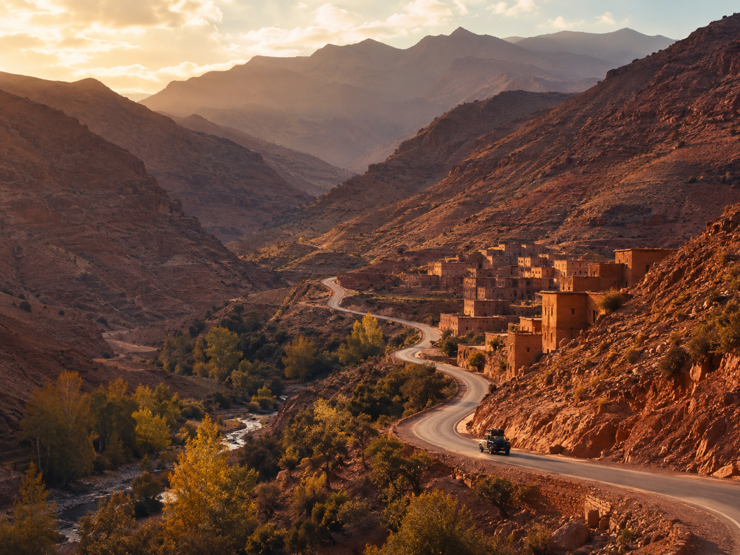 طريق جبلي في جبال الأطلس بالمغرب مع قرى صغيرة وألوان ترابية