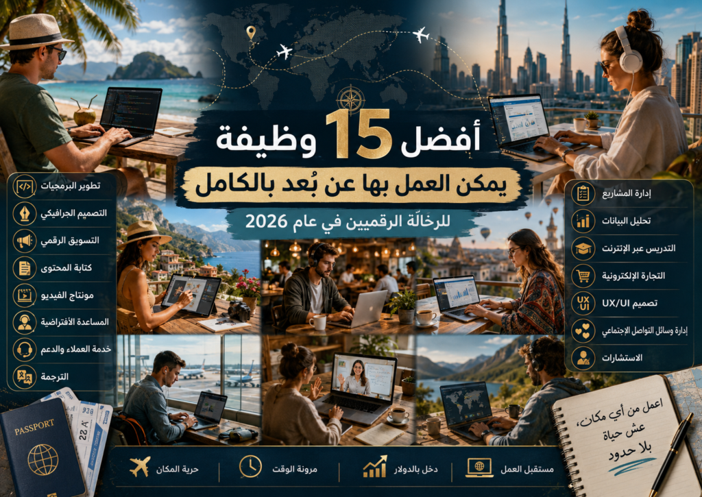 أفضل 15 وظيفة يمكن العمل بها عن بُعد بالكامل للرحّالة الرقميين في عام 2026، مع تصميم عالمي يعرض نمط حياة العمل والسفر من أماكن مختلفة حول العالم.