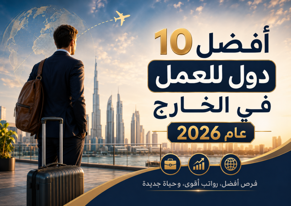 رجل أعمال يحمل حقيبة سفر أمام أفق مدن عالمية مع عنوان أفضل 10 دول للعمل في الخارج عام 2026