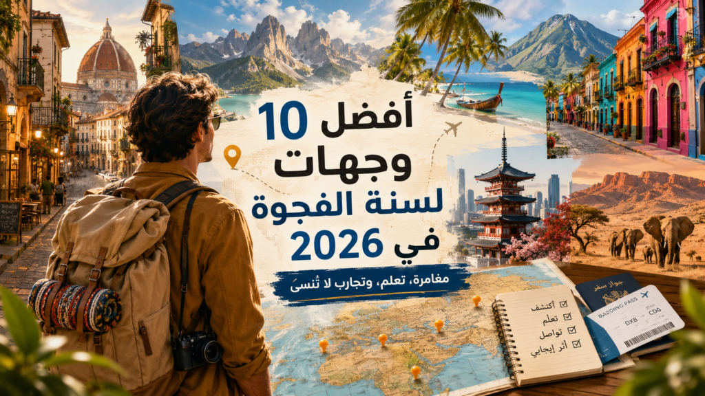 مسافر شاب يقف أمام مشهد عالمي يجمع بين الشواطئ والجبال والمدن والثقافات المختلفة مع عنوان أفضل 10 وجهات لسنة الفجوة في 2026