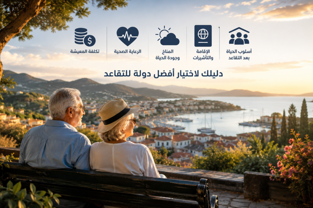 زوجان متقاعدان يستمتعان بإطلالة بانورامية على مدينة ساحلية هادئة، في مشهد يرمز إلى اختيار أفضل دولة للتقاعد وجودة الحياة بعد التقاعد.