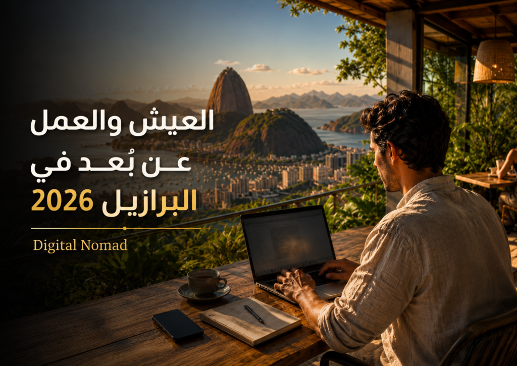 العيش والعمل عن بُعد في البرازيل 2026 مع مشهد احترافي لشخص يعمل على اللابتوب بإطلالة على ريو دي جانيرو.