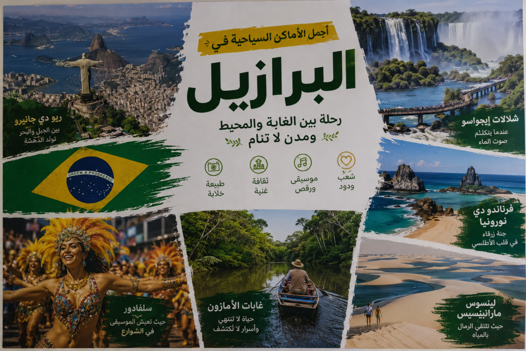تصميم سياحي بأسلوب مجلة سفر يجمع ريو دي جانيرو وشلالات إيغواسو وغابات الأمازون وفرناندو دي نورونيا وكثبان لينسويس مارانينسيس وكرنفال سلفادور.