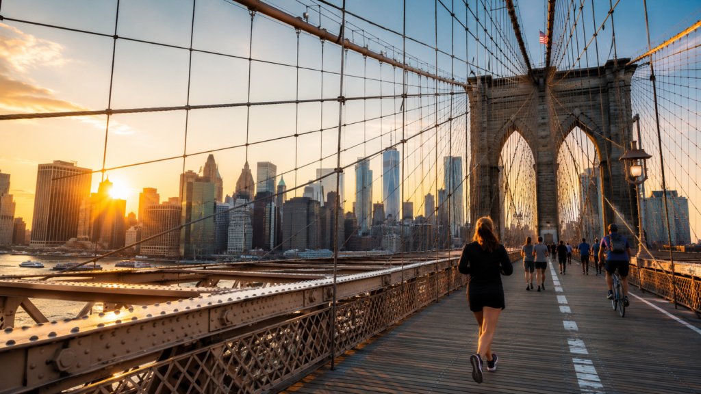 Active Morning at Brooklyn Bridge A vibrant sunrise scene at Brooklyn Bridge with early morning activity and iconic New York energy