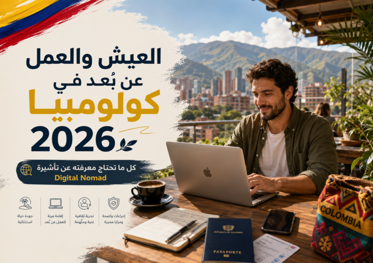 صورة احترافية تعبّر عن العيش والعمل عن بُعد في كولومبيا 2026، مع شخص يعمل على لابتوب في مقهى يطل على مدينة كولومبية وجبال خضراء، ضمن دليل تأشيرة Digital Nomad.