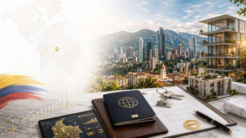 تأشيرة المستثمر العقاري في كولومبيا 2026 مع مشهد احترافي يجمع بين الاستثمار العقاري، جواز السفر، عقود الملكية، وخريطة كولومبيا.
