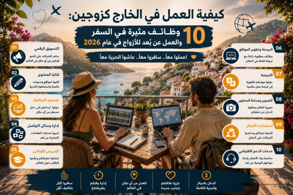 زوجان يعملان عن بُعد على لابتوبين من شرفة مطلة على البحر مع تصميم يوضح 10 وظائف للسفر والعمل في الخارج.