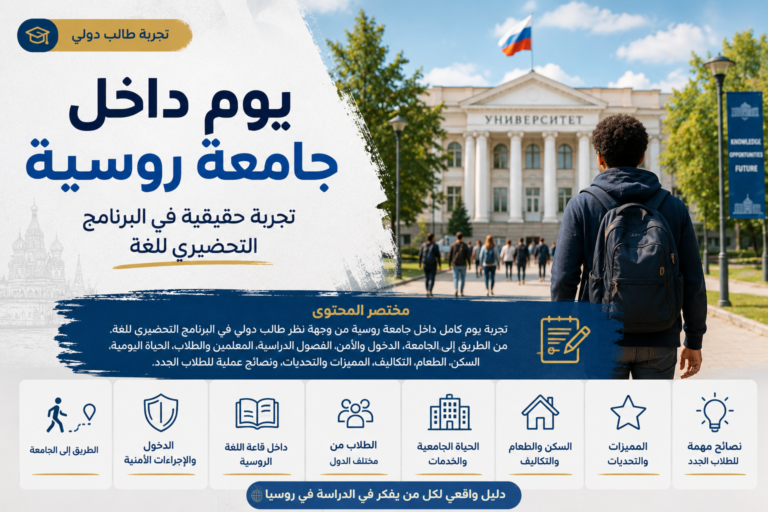 تصميم إنفوجرافيك احترافي لمقال عن يوم داخل جامعة روسية، يظهر طالبًا دوليًا أمام مبنى جامعي، مع ملخص لتجربة البرنامج التحضيري للغة الروسية والحياة الجامعية والسكن والتكاليف.