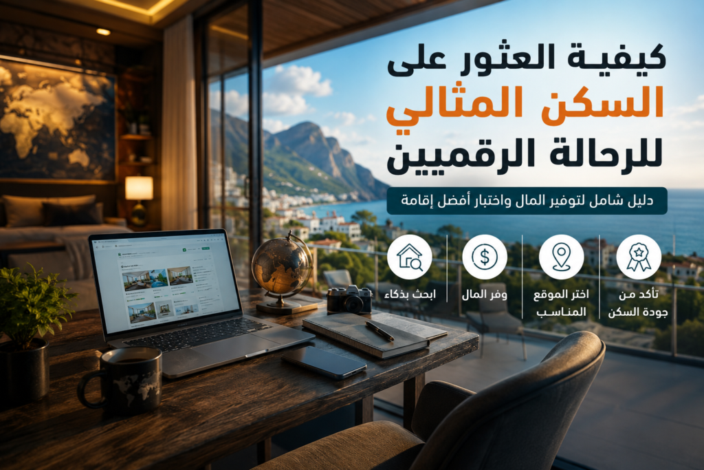 كيفية العثور على السكن المثالي للرحالة الرقميين مع مشهد احترافي يوضح البحث عن إقامة مناسبة عبر اللابتوب وإطلالة بحرية عالمية.