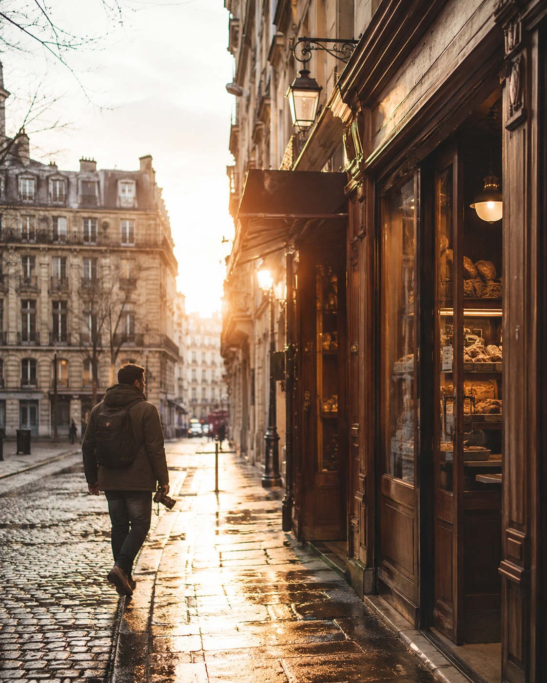 Quiet Paris street at sunrise with a traditional French bakery opening and a traveler carrying a camera