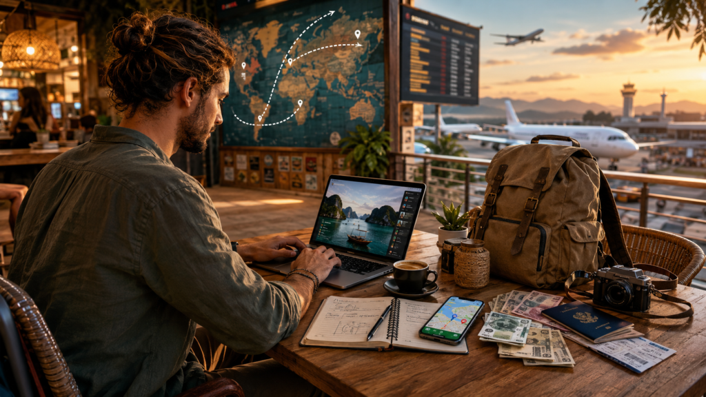 كيفية السفر بأقل التكاليف كرحّال رقمي، مع مشهد إبداعي واحترافي لشخص يعمل عن بُعد من مقهى مطل على المطار، بينما يخطط لرحلته بأقل التكاليف باستخدام اللابتوب والهاتف والخريطة.