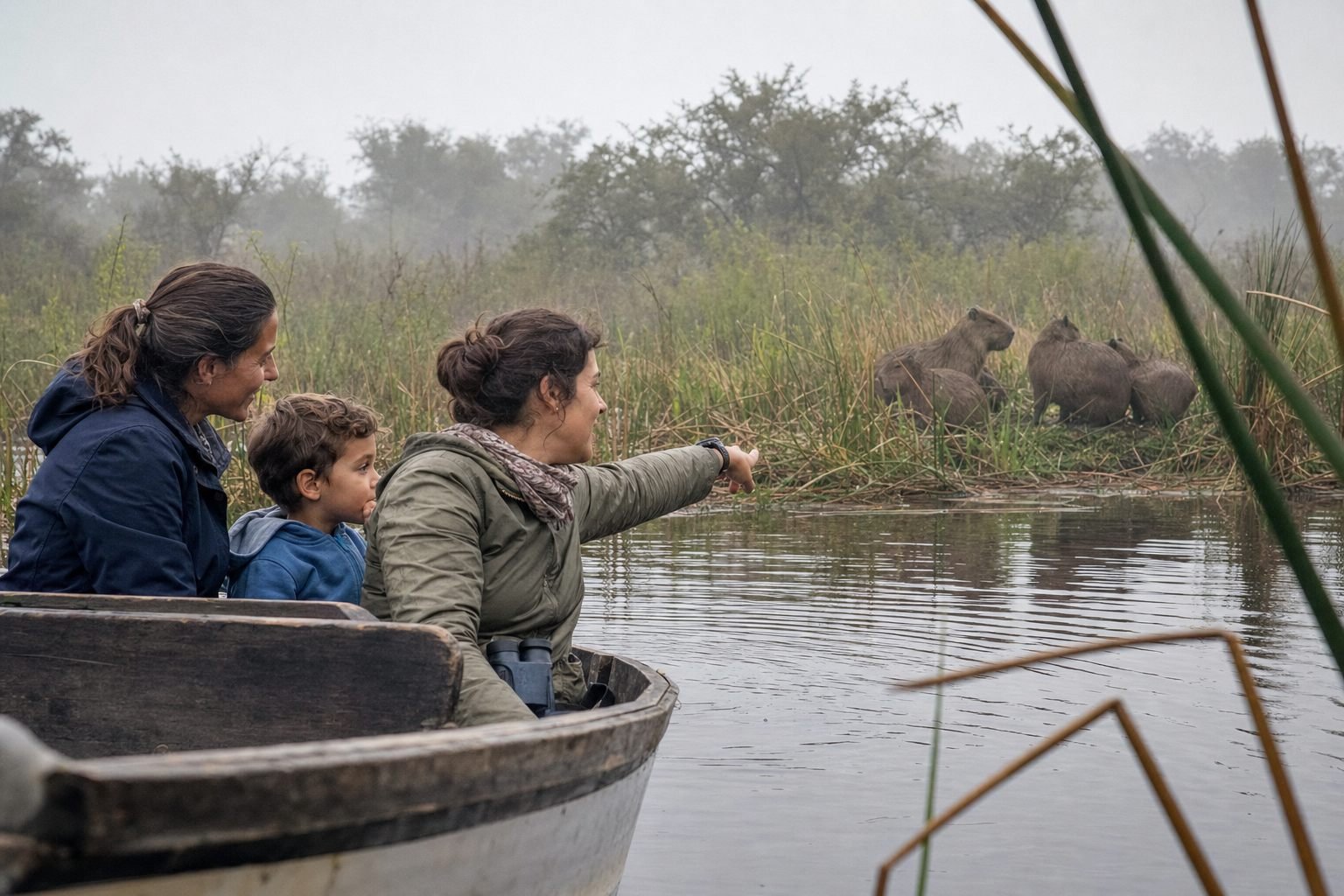 A family and nature guide watching capybaras from a boat in the Ibera Wetlands
