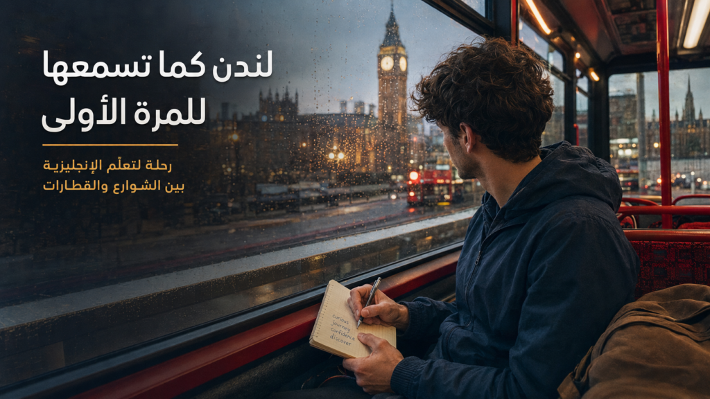 مسافر يدوّن كلمات إنجليزية داخل حافلة في لندن مع ظهور برج إليزابيث خلف النافذة الممطرة