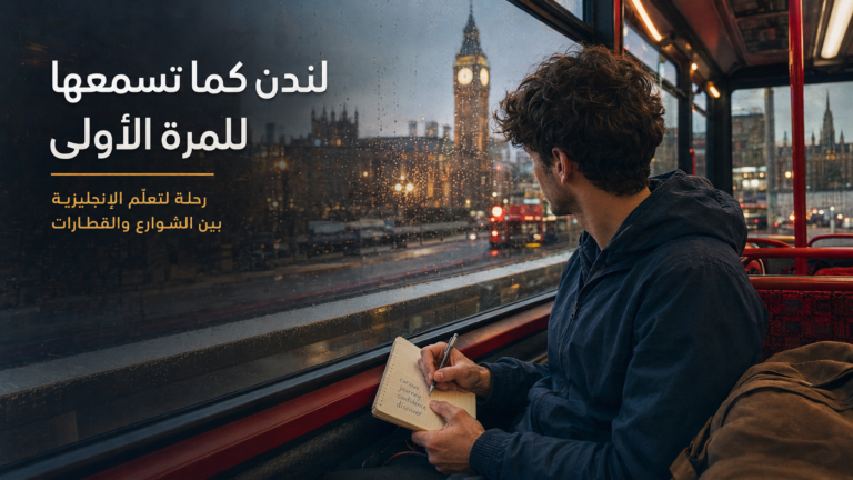 مسافر يدوّن كلمات إنجليزية داخل حافلة في لندن مع ظهور برج إليزابيث خلف النافذة الممطرة