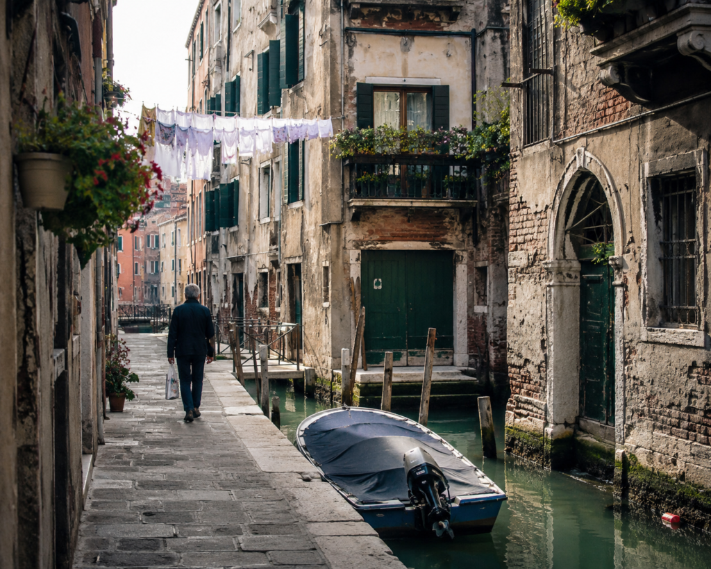 Local Life in Venice Backstreets Canal Local life in Venice backstreets beside a quiet canal with old buildings and daily life atmosphere