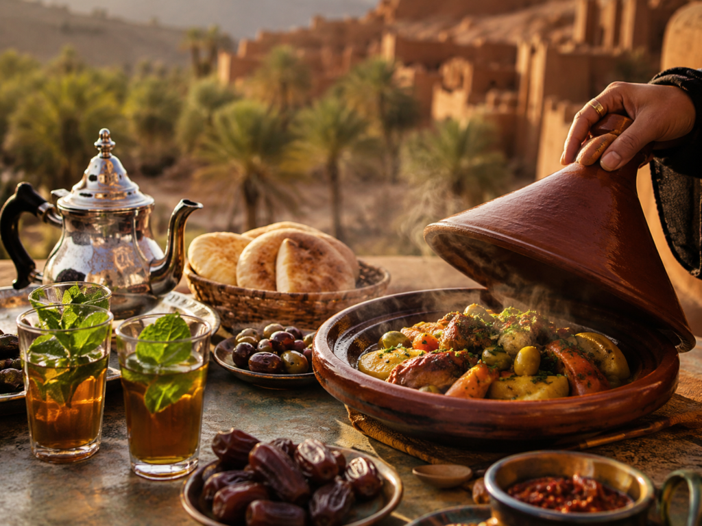 طاجين مغربي تقليدي مع شاي مغربي على مائدة بسيطة في جنوب المغرب