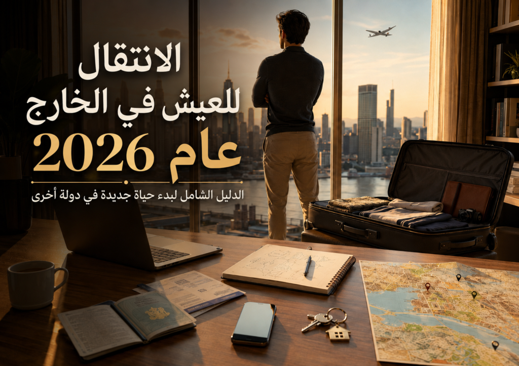 شخص يخطط للانتقال للعيش في الخارج عام 2026 أمام نافذة تطل على مدينة حديثة مع حقيبة سفر وجواز سفر وخريطة ومفاتيح منزل جديد