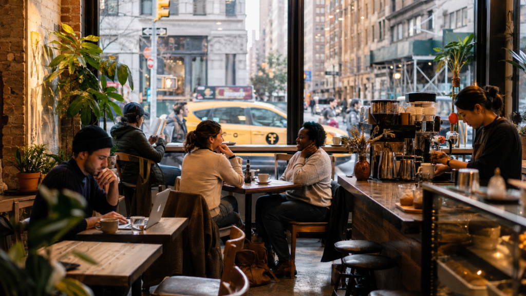 Coffee Culture in New York City A cozy New York cafe showing the city's coffee culture, social energy, and creative urban lifestyle
