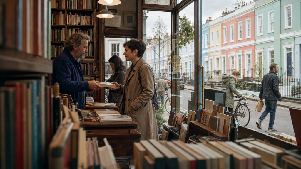متجر كتب في نوتينغ هيل بلندن، تحيط به المنازل البريطانية الملونة ذات الطابع المعماري التقليدي.