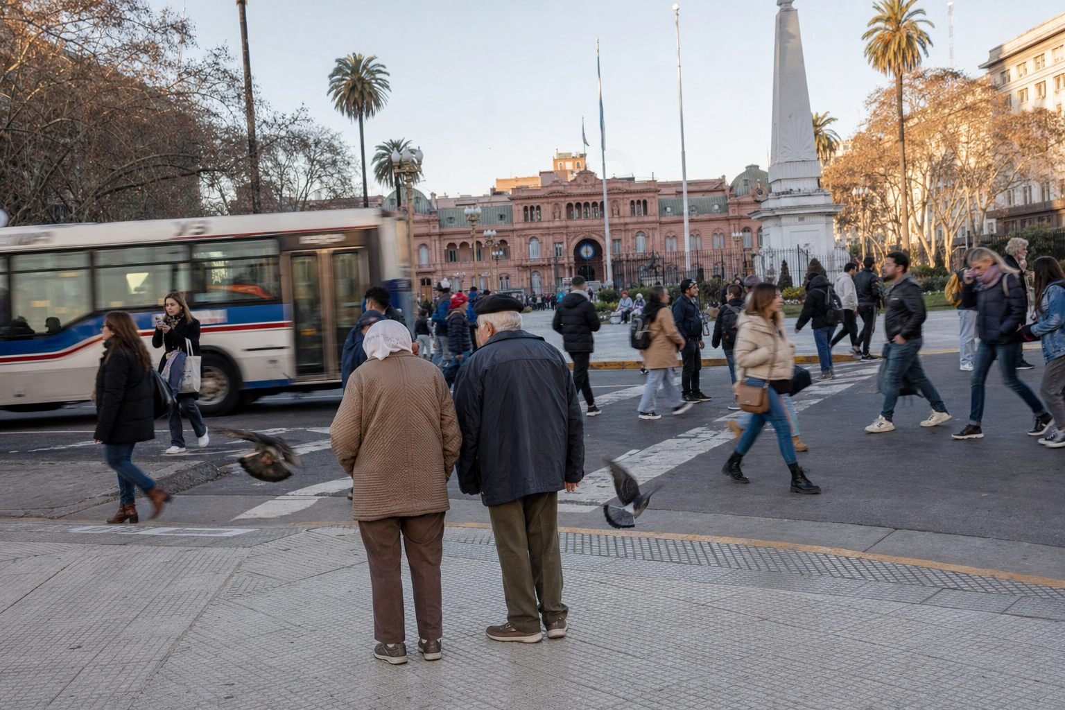 Pedestrians and buses around Plaza de Mayo and Casa Rosada in Buenos Aires