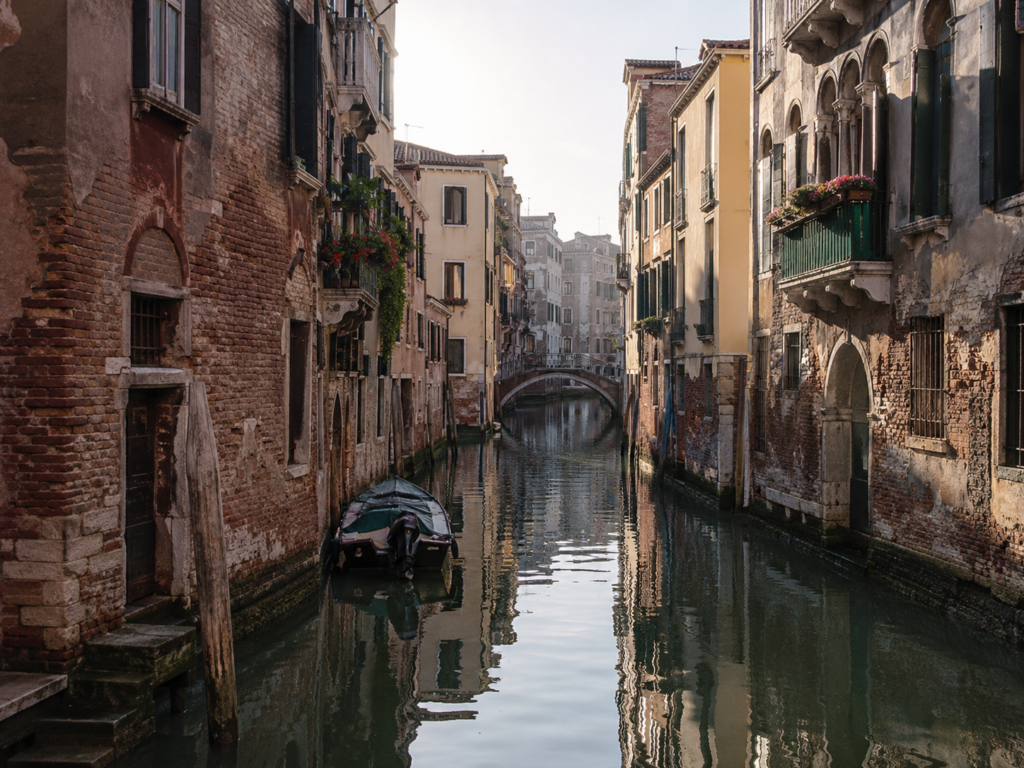 Peaceful Morning Canal in Venice Peaceful early morning canal in Venice with soft natural light, reflections on the water, and historic Venetian buildings