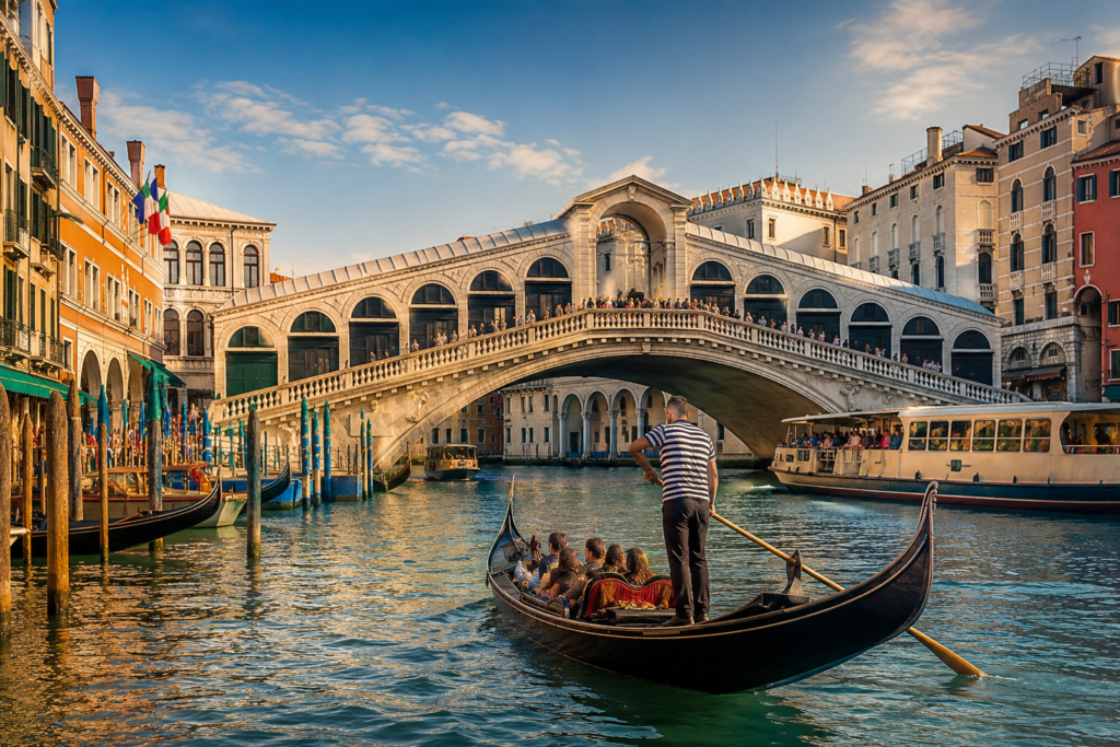 Rialto Bridge and Grand Canal in Venice Rialto Bridge over the Grand Canal in Venice, Italy with boats and historic buildings