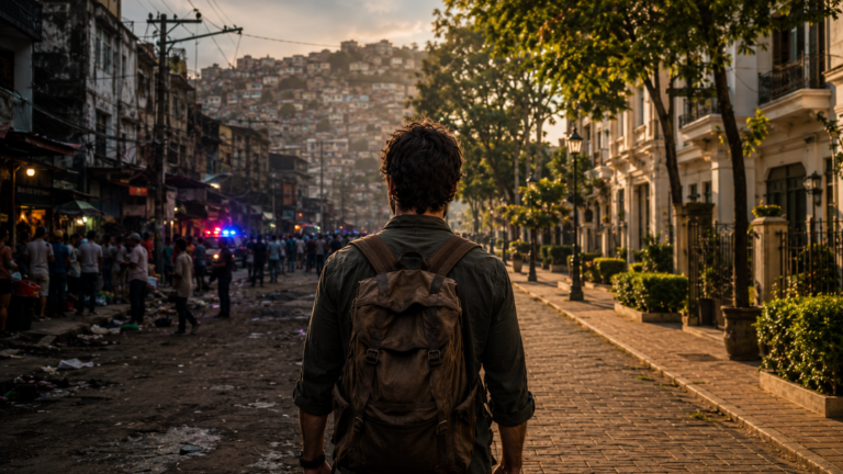 مقارنة بصرية بين دولة خطرة ودولة آمنة للمغتربين في 2026 مع شخص يختار وجهته القادمة. اعملهالي فيها روح وحياة وصورة جذابة