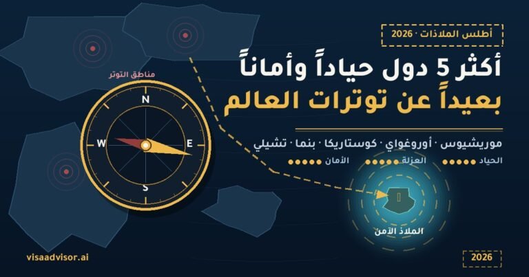 بوصلة ذهبية فوق خريطة عالم تشير إلى جزيرة الملاذ الآمن بعيداً عن مناطق التوتر - أكثر 5 دول حياداً وأماناً 2026