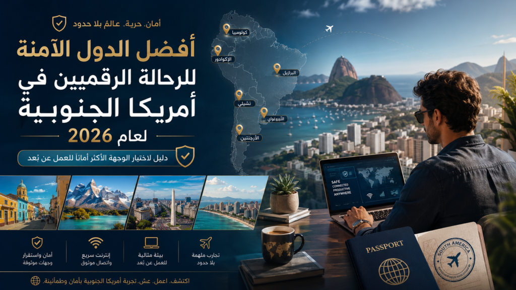 تصميم احترافي عن أفضل الدول الآمنة للرحالة الرقميين في أمريكا الجنوبية لعام 2026، يعرض خريطة القارة ووجهات مناسبة للعمل عن بُعد مع رموز الأمان والسفر والإنترنت.