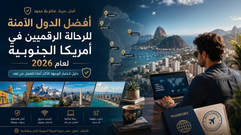 تصميم احترافي عن أفضل الدول الآمنة للرحالة الرقميين في أمريكا الجنوبية لعام 2026، يعرض خريطة القارة ووجهات مناسبة للعمل عن بُعد مع رموز الأمان والسفر والإنترنت.