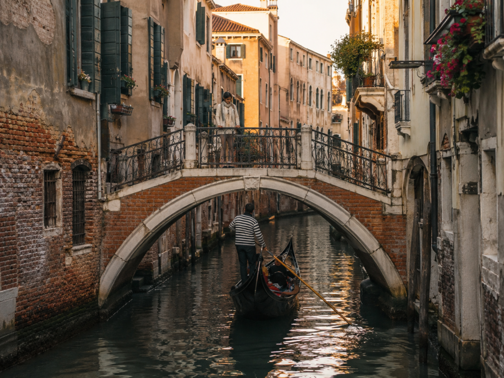 Gondola Under Small Bridge in Venice Gondola passing under a small bridge in a narrow Venice canal surrounded by old buildings and peaceful travel scenery