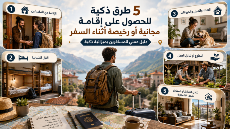 صورة توضح خمس طرق ذكية للحصول على إقامة مجانية أو رخيصة أثناء السفر مثل الإقامة مع المضيفين والنزل الشبابية وتبادل العمل والاعتناء بالمنازل