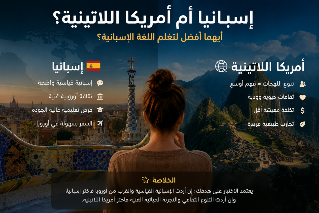 إسبانيا أم أمريكا اللاتينية لتعلم اللغة الإسبانية، مقارنة بصرية بين الثقافة الأوروبية الإسبانية وتنوع اللهجات والتجارب في أمريكا اللاتينية