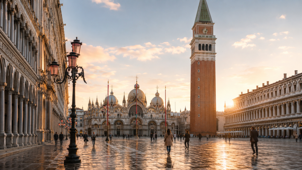 Sunset at St Mark's Square Venice Beautiful sunset view of St Mark's Square in Venice Italy with warm light, historic buildings, and a romantic travel atmosphere