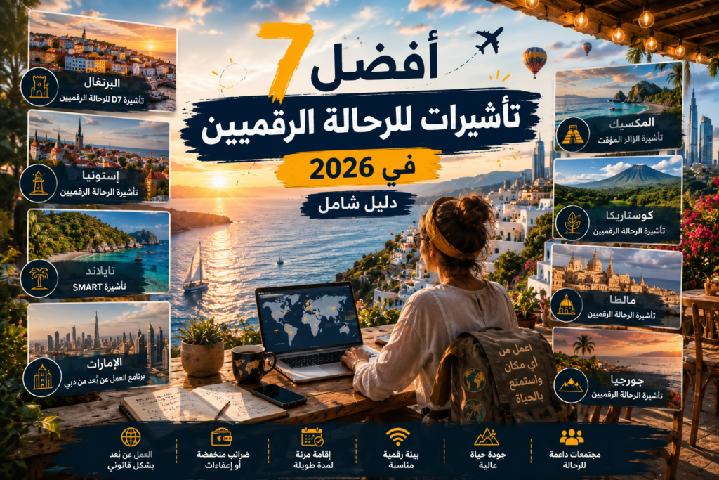 رحالة رقمية تعمل على لابتوب أمام مشهد ساحلي مع تصميم يوضح أفضل 7 تأشيرات للرحالة الرقميين في 2026.