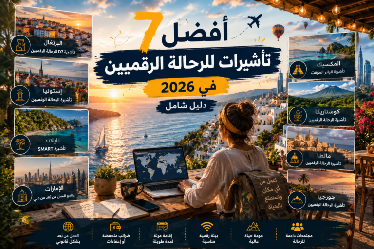 رحالة رقمية تعمل على لابتوب أمام مشهد ساحلي مع تصميم يوضح أفضل 7 تأشيرات للرحالة الرقميين في 2026.