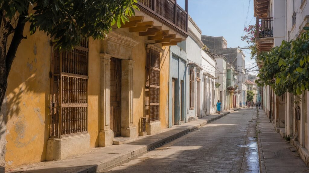 شارع تاريخي ظليل في سانتا مارتا تتخلله واجهات منخفضة وحركة صباحية هادئة