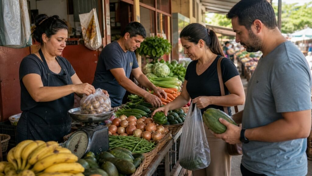 بائعان بالغان خياليان وزوار في سوق نهاري منظم في إنكارناسيون