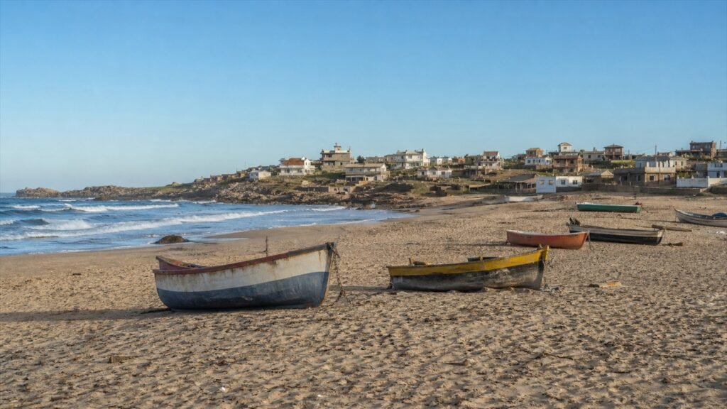 بيوت ساحلية ومراكب عمل بعيدة على شاطئ Punta del Diablo تحت ضوء صباحي